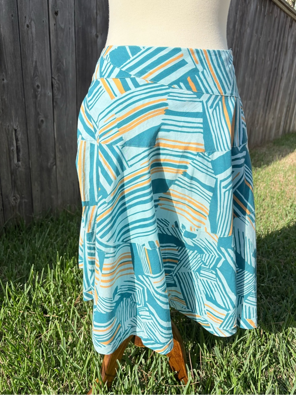 Odille Aqua and Mustard Geo-Stripe A-Line Skirt